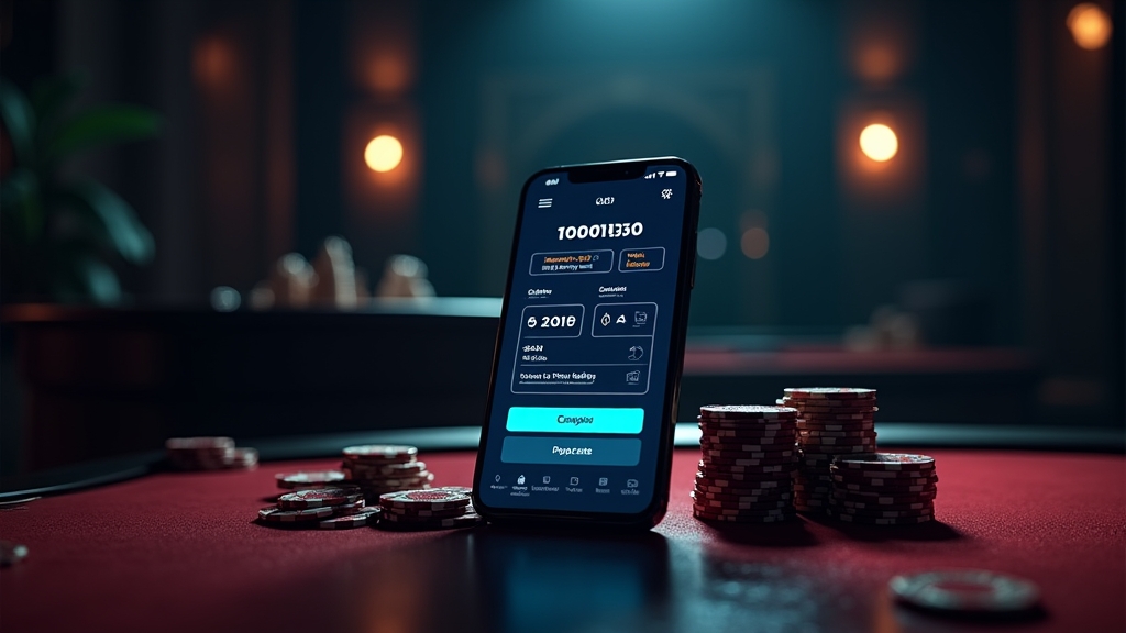 Luxuriöses Casino mit Auszahlungsdashboard auf dem Smartphone und goldenen Chips