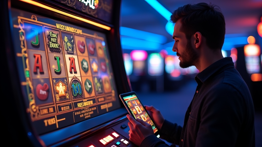 Demo-Slot mit Bonussymbolen und Tablet in dunkler Casino-Atmosphäre