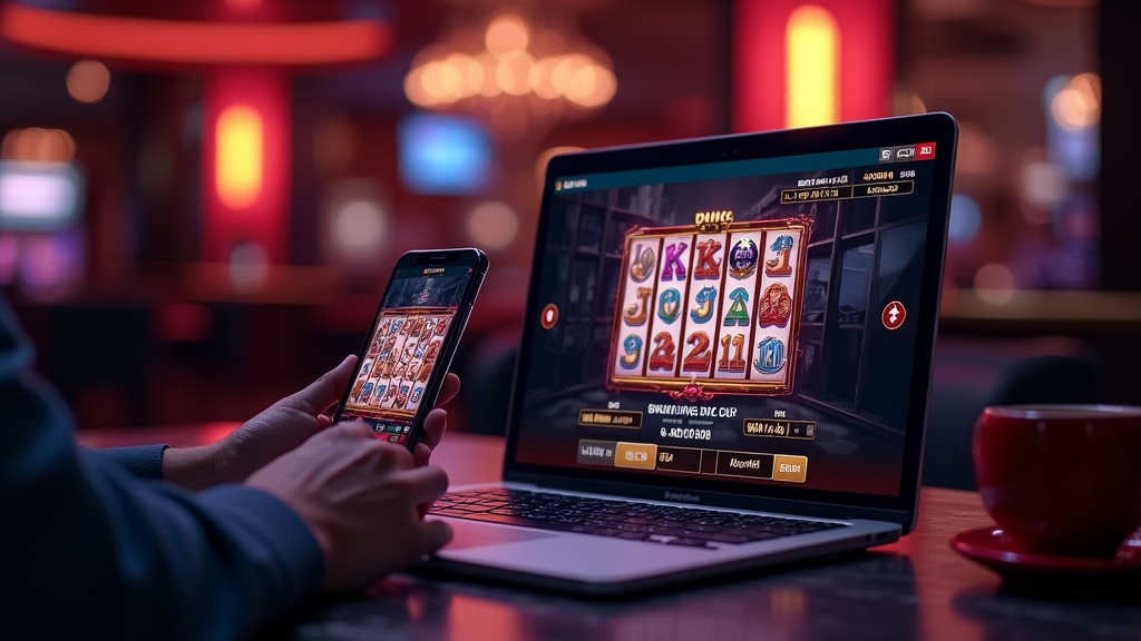 Slot-Demo auf Laptop und Smartphone in moderner Casino-Atmosphäre
