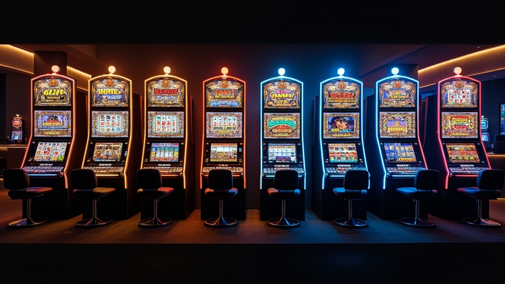 Verschiedene Slottypen in dunkler Casino-Galerie nebeneinander