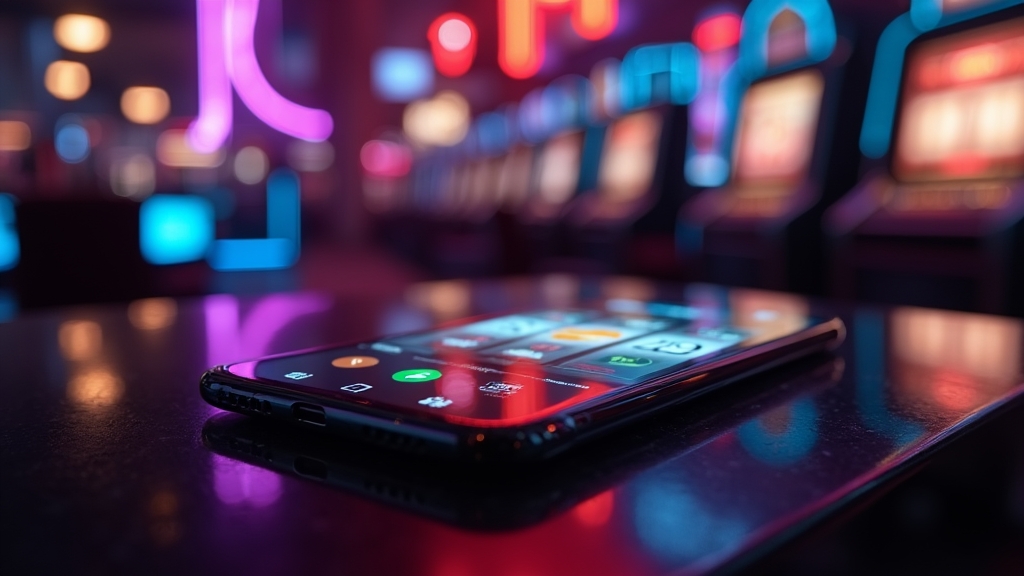 Smartphone mit Casino-App vor leuchtenden Slot-Maschinen im dunklen Ambiente