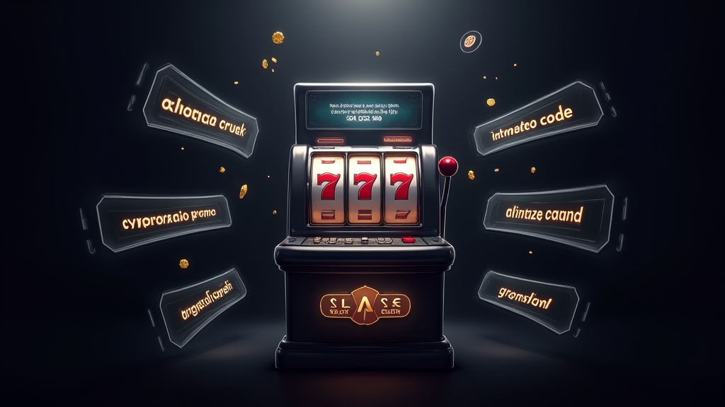 Casino-Bild mit Promo-Code-Feld und Bonusanzeige neben einer Slotmaschine