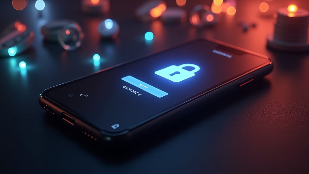 Smartphone mit sicher wirkender Casino-App und Schloss-Symbol im dunklen Ambiente