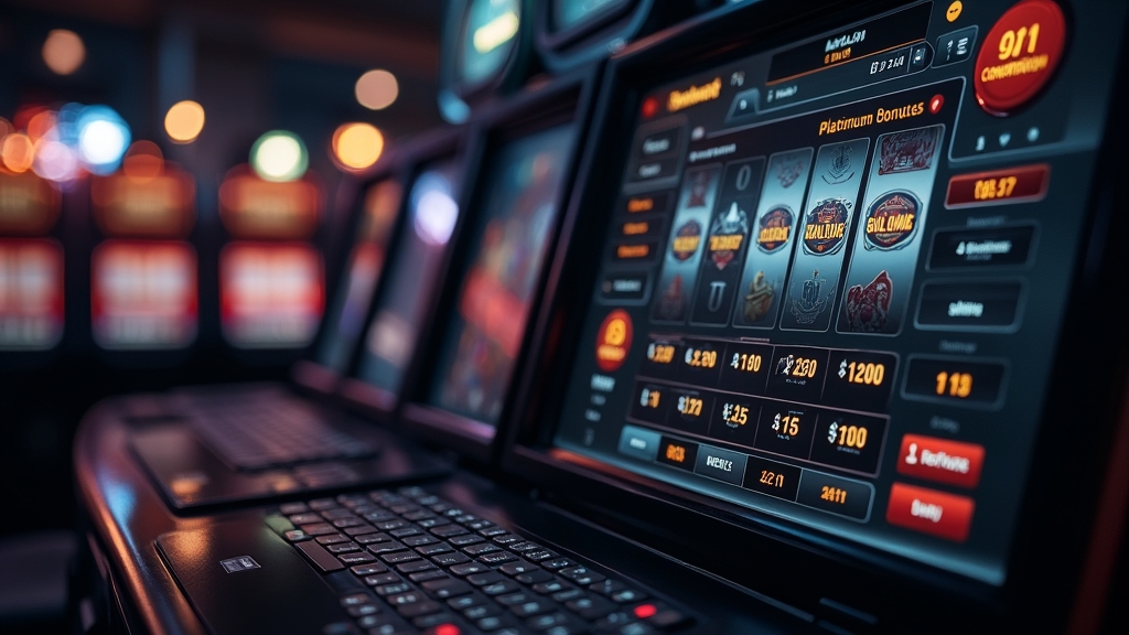 Bonusübersicht mit Bedingungen vor einer Slotmaschine im dunklen Casino